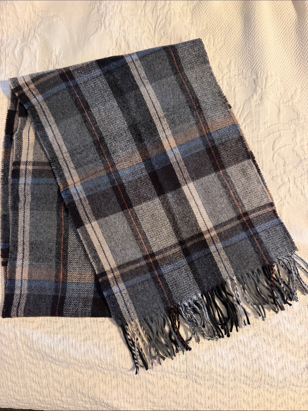 Johnston & Murphy Wool Blend Gray Blue Plaid Scarf